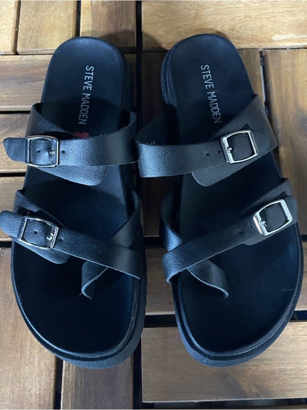 Steve Madden Black Dual-Buckle Cross Strap Slides